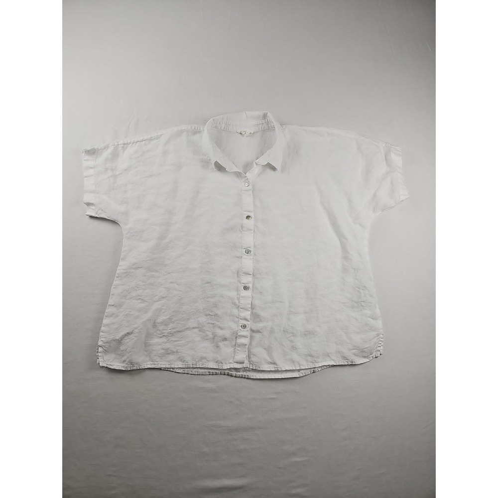 Eileen Fisher Washed Organic Linen Delave Short-Sleeve Shirt in White Size M